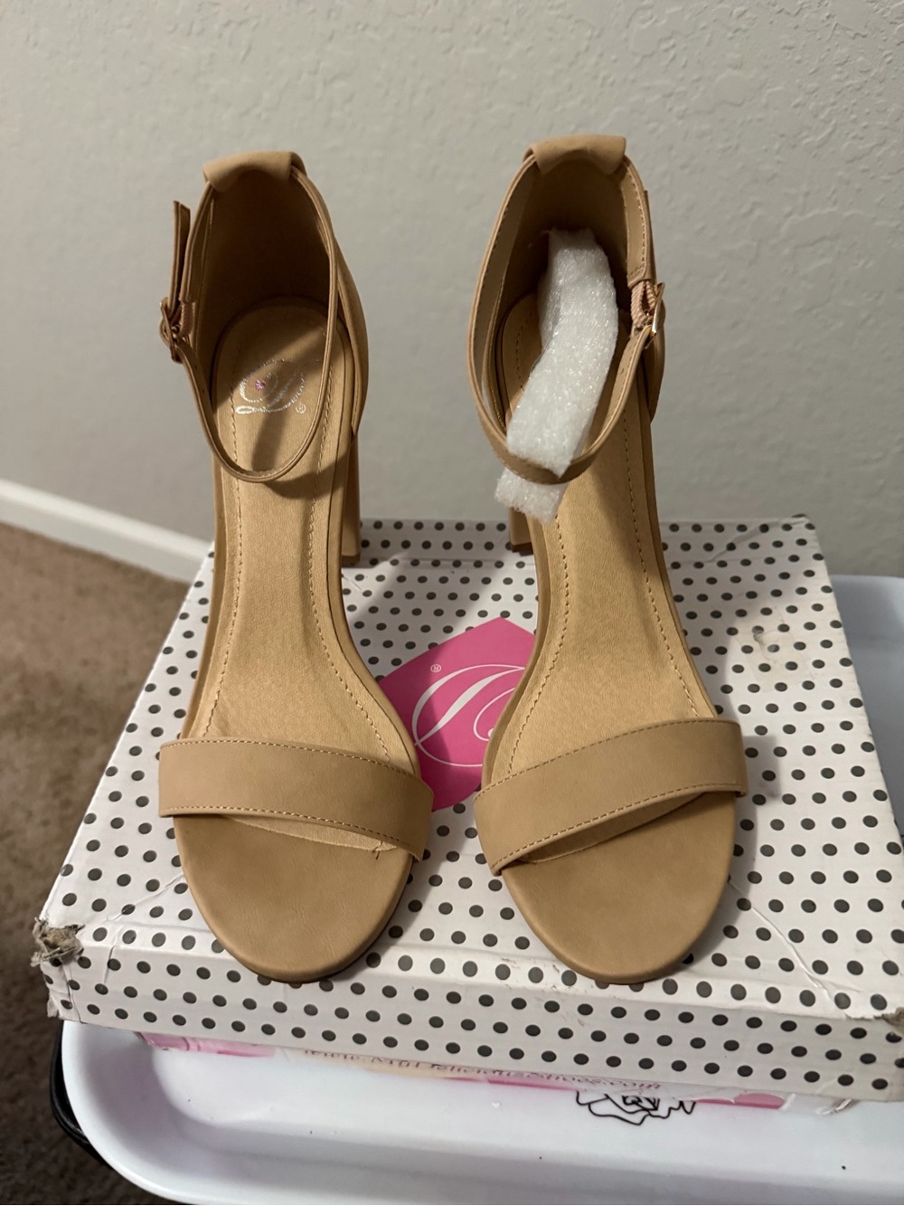 Classic Ankle-Strap Block Heels in Tan